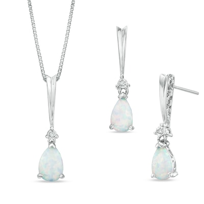 Pear-Shaped Lab-Created Opal and Diamond Accent Pendant and Earrings Set in Sterling Silver