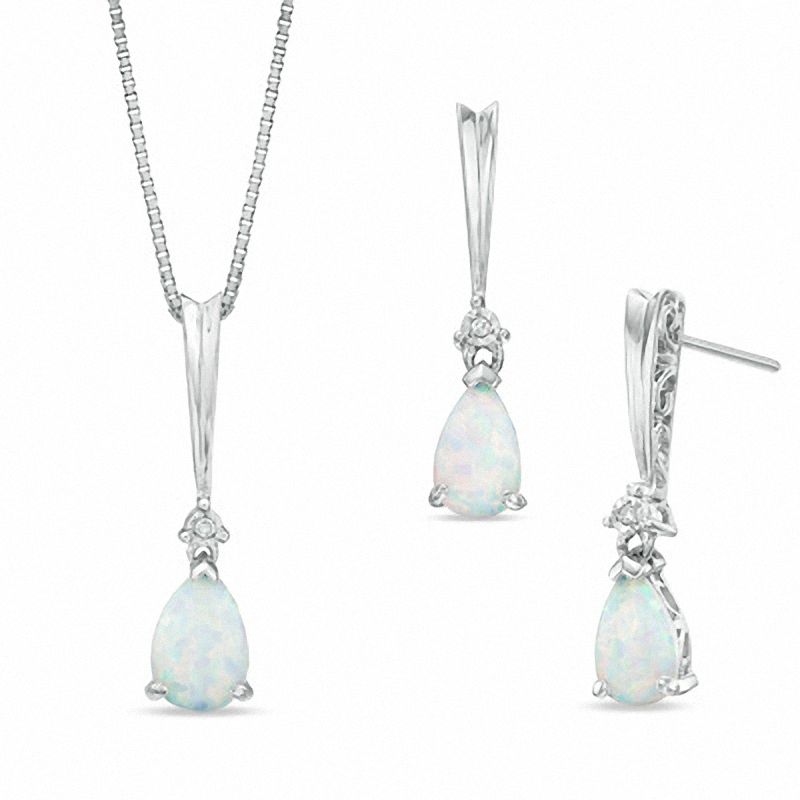 Pear-Shaped Lab-Created Opal and Diamond Accent Pendant and Earrings Set in  Sterling Silver