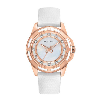 Ladies' Bulova Classic Diamond Accent Rose-Tone Watch with Mother-of-Pearl Dial (Model: 98P119)