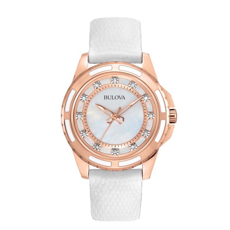 Ladies' Bulova Classic Diamond Accent Rose-Tone Watch with Mother-of-Pearl Dial (Model: 98P119)