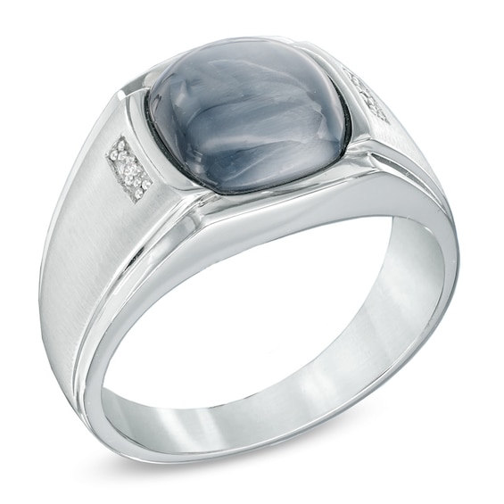 Men's 10.0mm Cushion-Cut Simulated Hawks Eye and Diamond Accent Ring in 10K White Gold