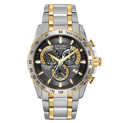 Men's Citizen Eco-Drive® PCAT Chronograph Two-Tone Watch with Black Dial (Model: AT4004-52E)