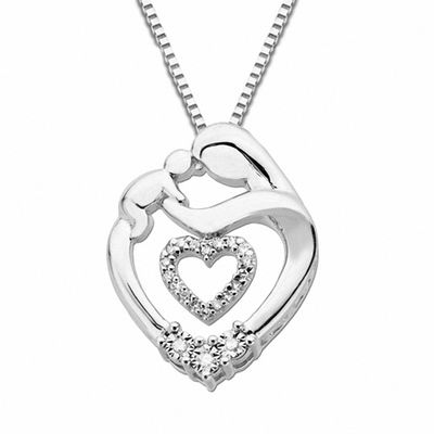 0.06 CT. T.W. Diamond Motherly Love Heart Pendant in Sterling Silver