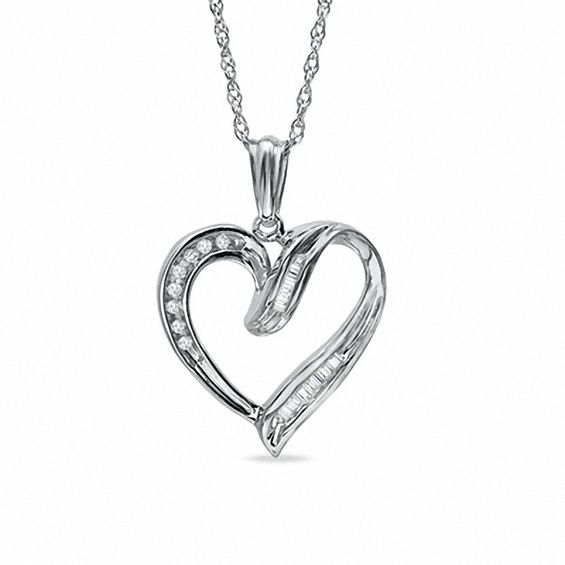 0.10 CT. T.W. Round and Baguette Diamond Heart Pendant in Sterling ...