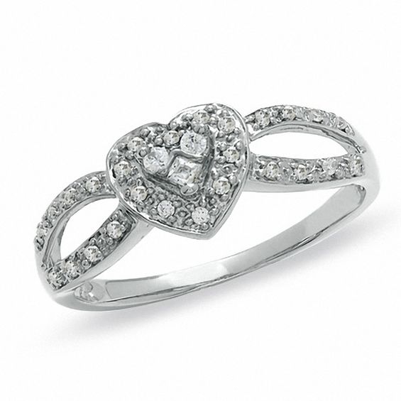 0.16 CT. T.W. Diamond Heart Split Shank Promise Ring in 10K White Gold