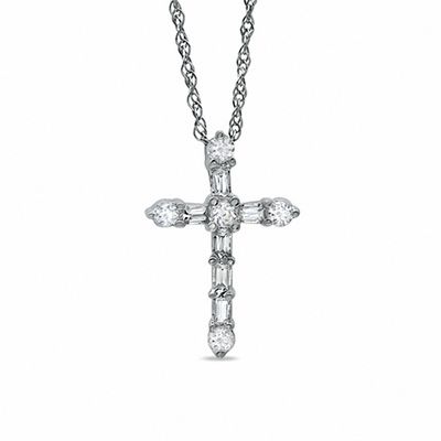 0.25 CT. T.W. Round and Baguette Diamond Cross Pendant in 10K White Gold