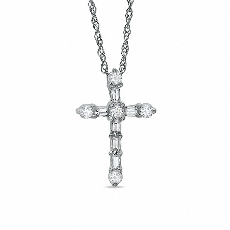 0.25 CT. T.W. Round and Baguette Diamond Cross Pendant in 10K White Gold|Peoples Jewellers