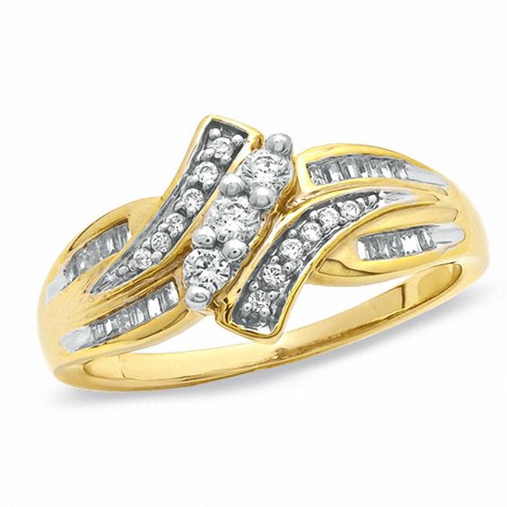 0.33 CT. T.W. Diamond Three Stone Swirl Bypass Ring in 10K Gold