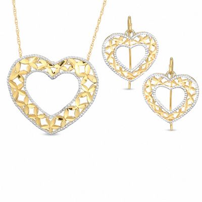 Diamond-Cut Heart Pendant and Earring Set in 10K Gold