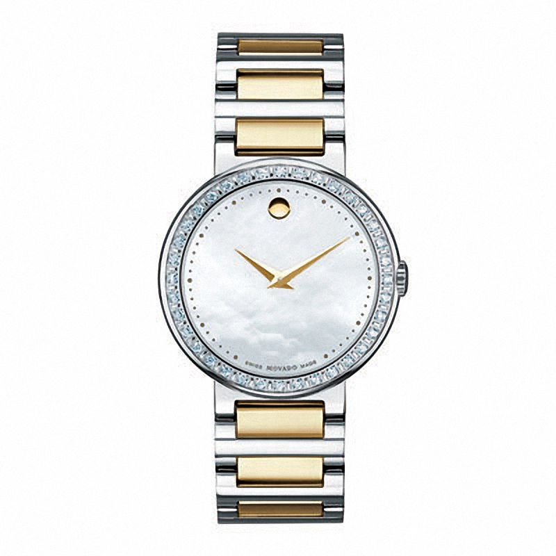 Ladies' Movado Concerto Diamond Accent Two-Tone Stainless Steel Watch with Mother-of-Pearl Dial (Model: 0606470)|Peoples Jewellers