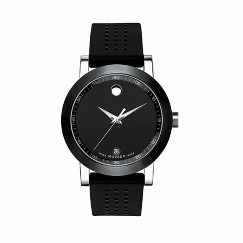 Men s Movado Rubber Strap Watch with Round Black Dial Model 0606507