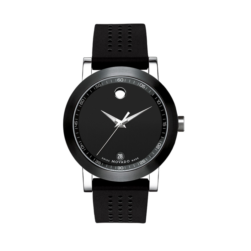 Men's Movado Rubber Strap Watch with Round Black Dial (Model: 0606507)