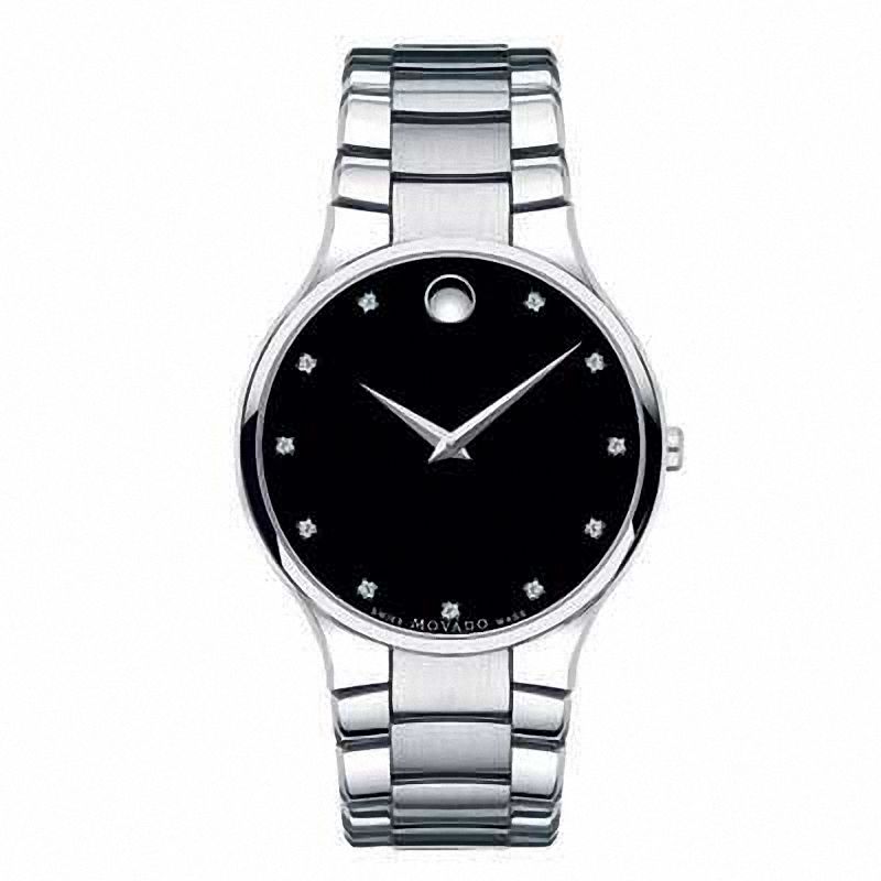 Men's Movado Serio Diamond Accent Watch with Round Black Museum Dial (Model: 606490)