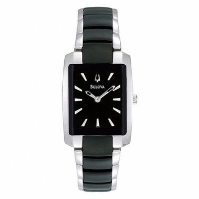 Ladies' Bulova Two-Tone Watch with Rectangular Black Dial (Model: 98L148)