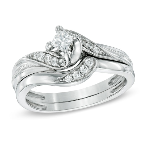 0.33 CT. T.W. Princess-Cut Diamond Swirl Bridal Set in 10K White Gold