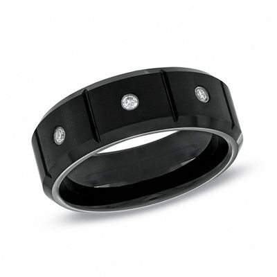 Men's 0.09 CT. T.W. Diamond Three Stone Black IP Tungsten Wedding Band - Size 10