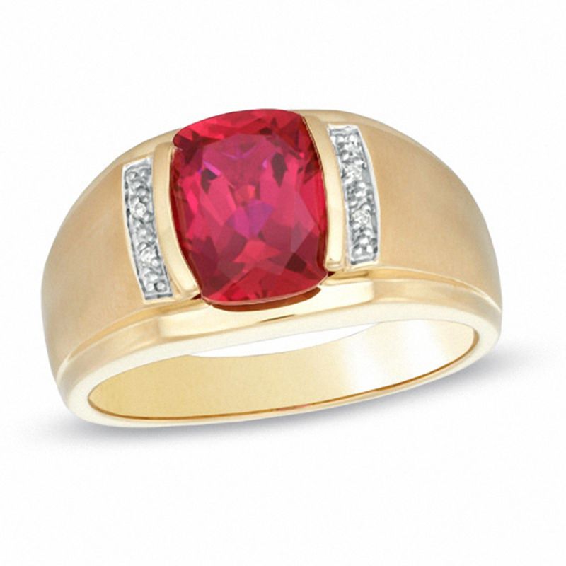 Men's Cushion-Cut Lab-Created Ruby and Diamond Accent Ring in 10K Gold|Peoples Jewellers