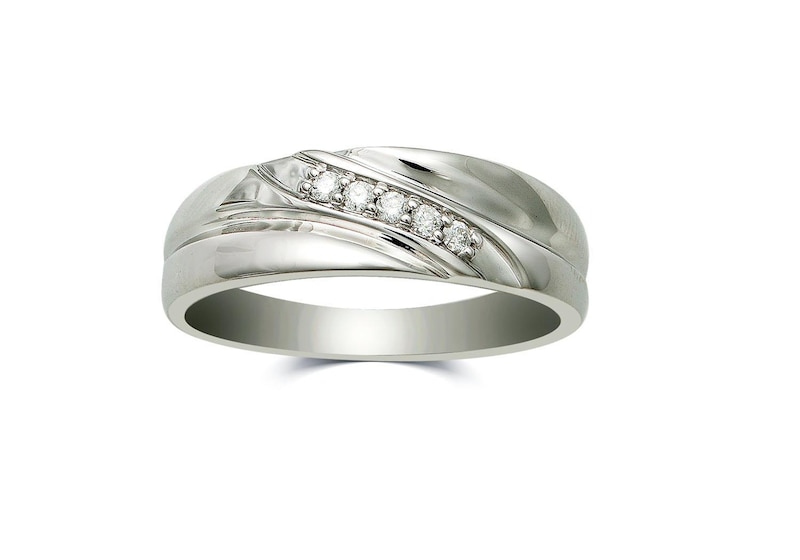 Men's 0.10 CT. T.W. Diamond Five Stone Slant Wedding Band in 10K White Gold