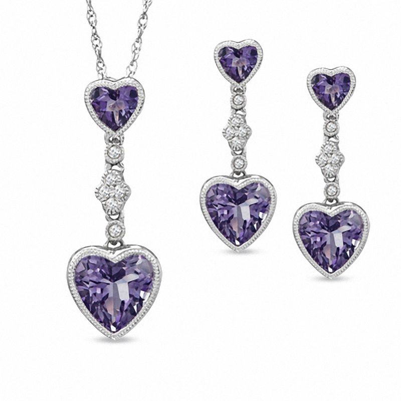 Heart-Shaped Amethyst and Lab-Created White Sapphire Pendant and Earrings Set in Sterling Silver