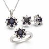 Lab-Created Blue Sapphire and Diamond Accent Flower Pendant, Ring and Earrings Set in Sterling Silver - Size 7