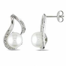 9.0-9.5mm Freshwater Cultured Pearl and 0.06 CT. T.W. Diamond Swirl Drop Earrings in Sterling Silver