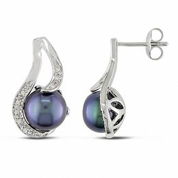9.0-9.5mm Dyed Black Freshwater Cultured Pearl and 0.06 CT. T.W. Diamond Swirl Drop Earrings in Sterling Silver