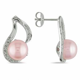 9.0-9.5mm Dyed Pink Freshwater Cultured Pearl and 0.06 CT. T.W. Diamond Swirl Drop Earrings in Sterling Silver