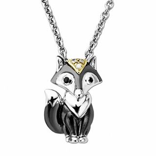 Black and White Diamond Accent Fox Pendant in Sterling Silver and 14K Gold