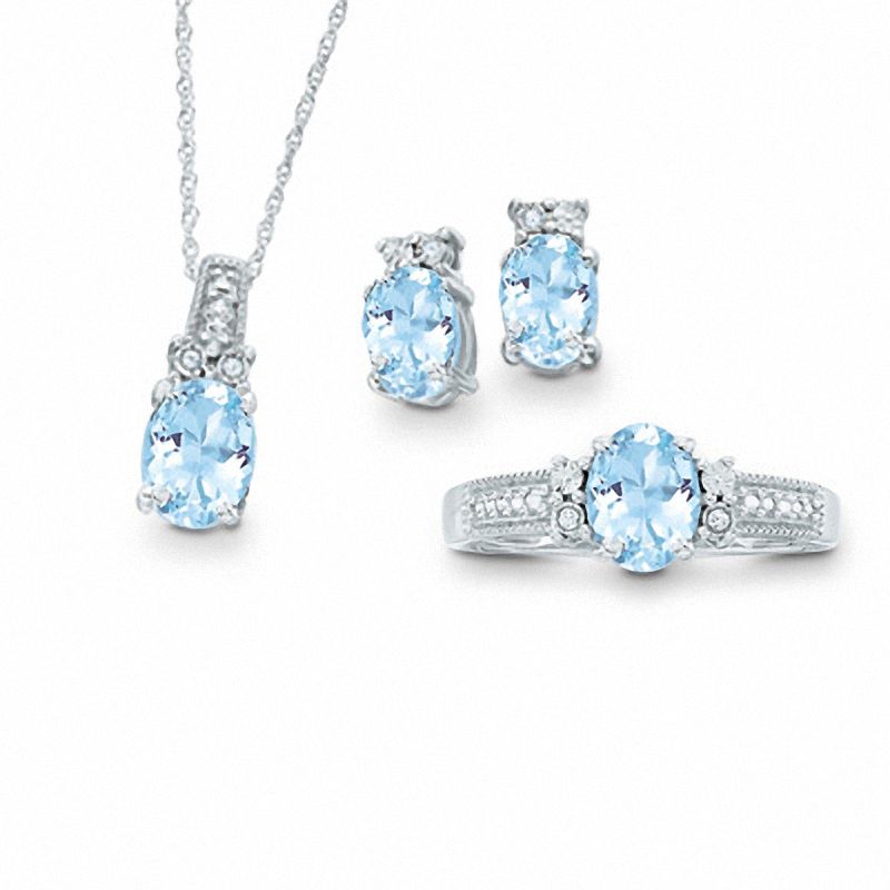 Oval Aquamarine and Diamond Accent Pendant, Ring and Earrings Set in Sterling Silver - Size 7|Peoples Jewellers