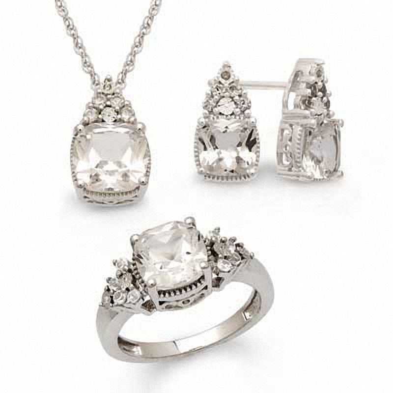 Cushion-Cut Lab-Created White Sapphire and Diamond Accent Pendant, Ring and Earrings Set in Sterling Silver - Size 7