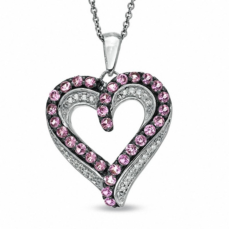 Lab-Created Pink Sapphire and Diamond Accent Heart Pendant in Sterling Silver|Peoples Jewellers