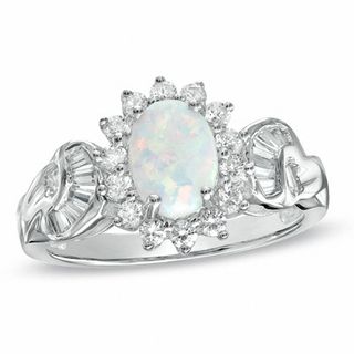 Oval Lab-Created Opal and White Sapphire Frame Ring in Sterling Silver