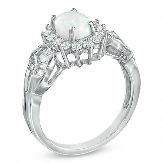 Oval Lab-Created Opal and White Sapphire Frame Ring in Sterling Silver