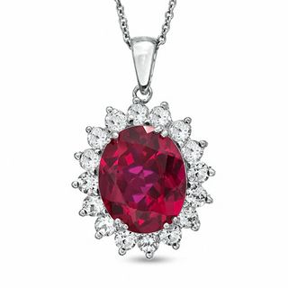 Oval Lab-Created Ruby and White Sapphire Frame Pendant in Sterling Silver