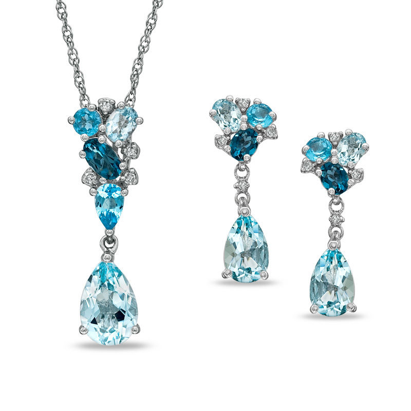 Blue Topaz and Diamond Accent Pendant and Earrings Set in Sterling Silver|Peoples Jewellers