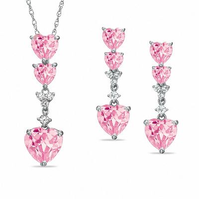 Heart-Shaped Lab-Created Pink and White Sapphire Pendant and Earrings Set in Sterling Silver