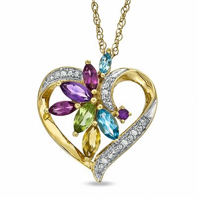 Multi-Gemstone Marquise Flower Heart Pendant in Sterling Silver with 14K Gold Plate