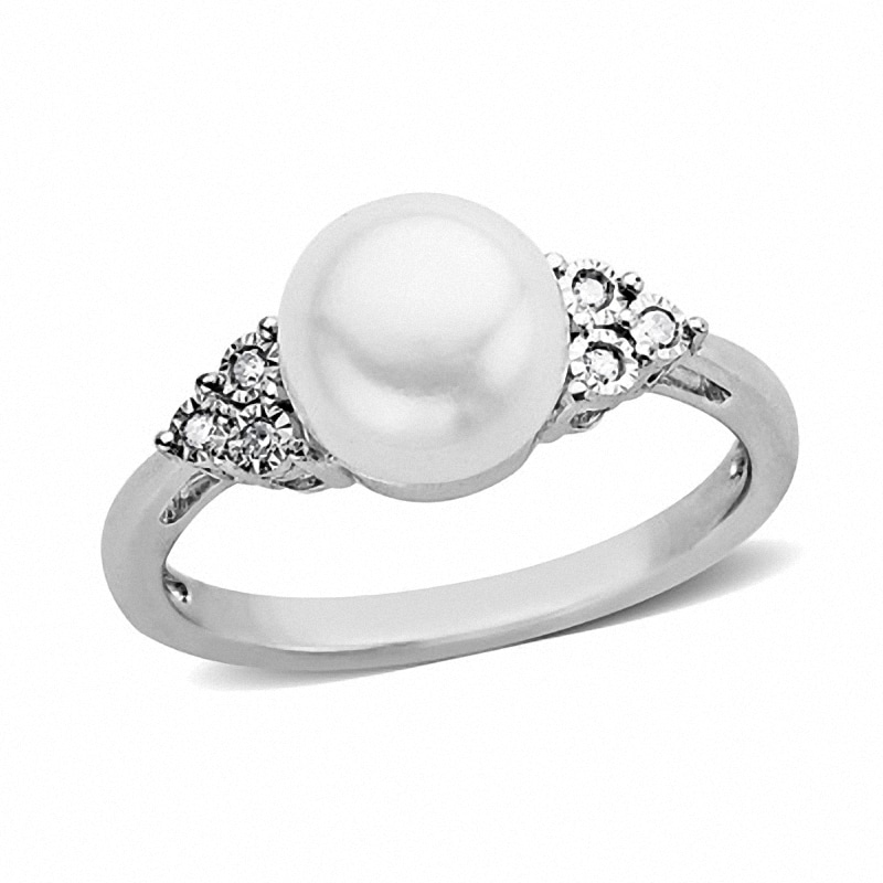 8.0-8.5mm Button Freshwater Cultured Pearl and Diamond Accent Ring in Sterling Silver|Peoples Jewellers