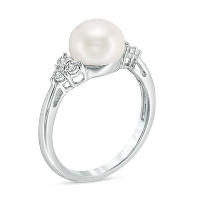 8.0-8.5mm Button Freshwater Cultured Pearl and Diamond Accent Ring in Sterling Silver