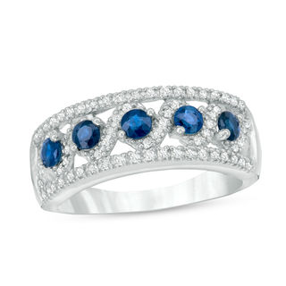 Blue Sapphire and 0.23 CT. T.W. Diamond Band in 10K White Gold