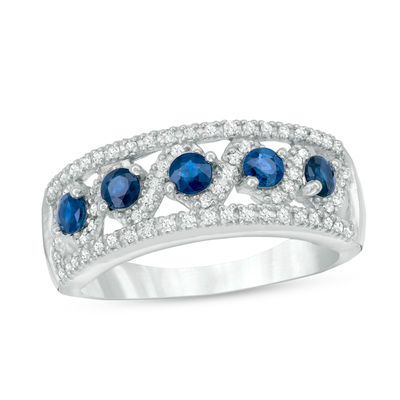 Blue Sapphire and 0.23 CT. T.W. Diamond Band in 10K White Gold