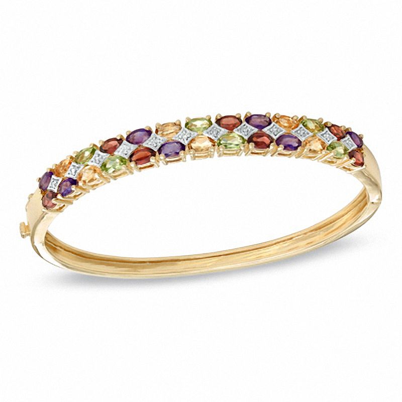 Multi-Gemstone and Diamond Accent Bangle in Sterling Silver with 14K Gold Plate