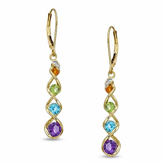 Multi-Gemstone and Diamond Accent Ribbon Drop Earrings in 10K Gold