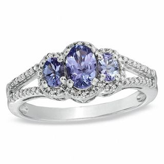 Oval Tanzanite and Diamond Accent Three Stone Ring in Sterling Silver