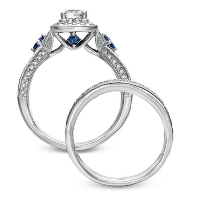 Vera Wang Love Collection 1.20 CT. T.W. Diamond and Sapphire Frame Bridal Set in 14K White Gold