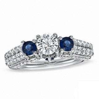 Vera Wang Love Collection 1.30 CT. T.W. Diamond and Sapphire Three Stone Engagement Ring in 14K White Gold