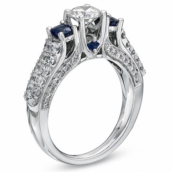 Vera Wang Love Collection 1.30 CT. T.W. Diamond and Sapphire Three Stone Engagement Ring in 14K White Gold