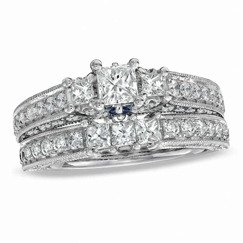 Main Image 1 of Vera Wang Love Collection 1.95 CT. T.W. Princess-Cut Diamond Three Stone Bridal Set in 14K White Gold