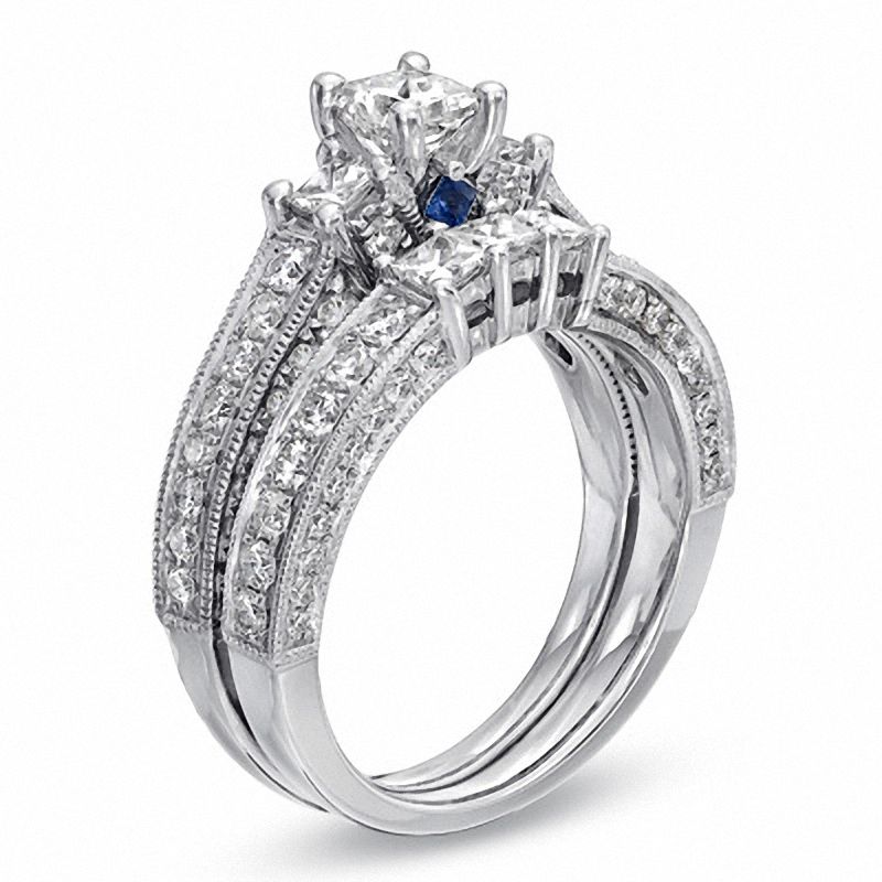 Main Image 3 of Vera Wang Love Collection 1.95 CT. T.W. Princess-Cut Diamond Three Stone Bridal Set in 14K White Gold