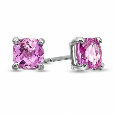 6.0mm Cushion-Cut Lab-Created Pink Sapphire Fashion Stud Earrings in 10K White Gold